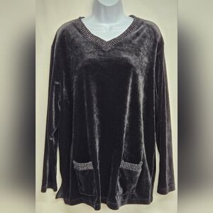 Russ XL 16/18 Black Velour Pullover Sweater Top Pockets Metallic Trim V Neck